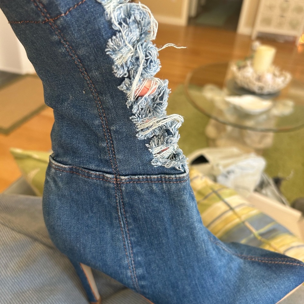 Denim stressed look stiletto booties.